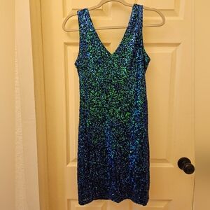 Sequin V-Neck Dress - Blue and Green, Size M